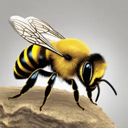 A colorful bee perched on a rock with wings spread out