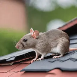 A gray rat perched on a shingled roof